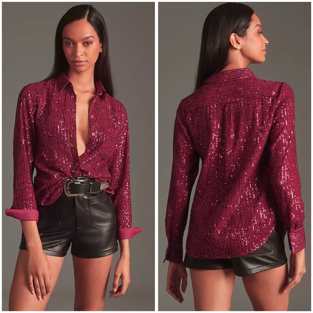Anthropologie The Remie Sparkling Raspberry Sequin Buttondown Top